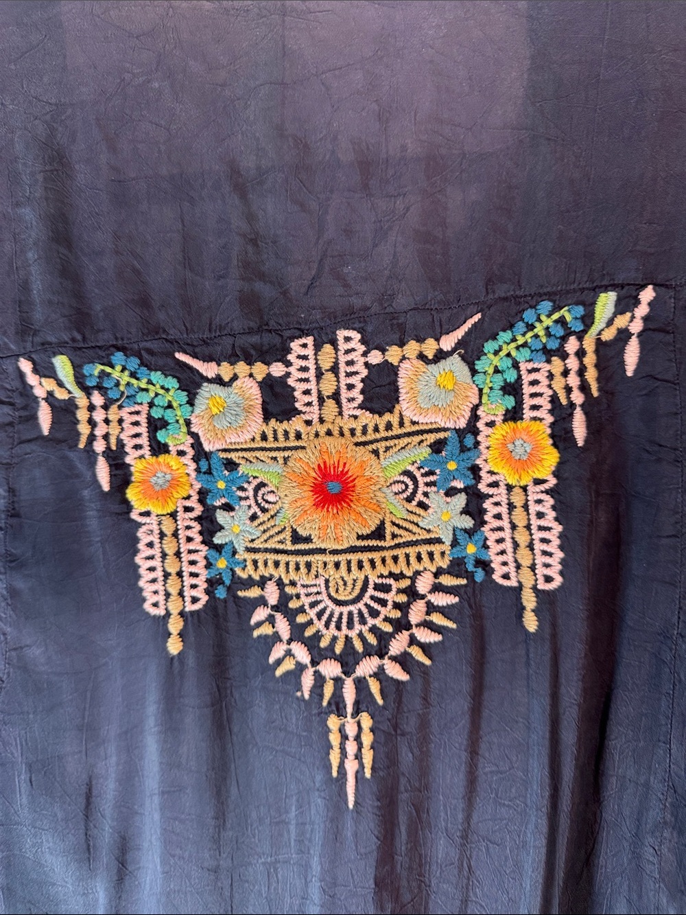 Johnny Was Navy Embroidered Peacock Button-Front Blouse - Picture 7 of 10